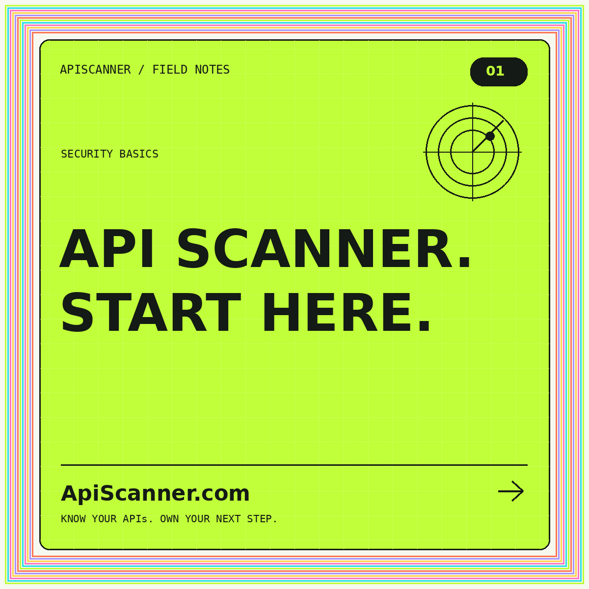 ApiScanner.com Security basics typography card: API SCANNER. START HERE.