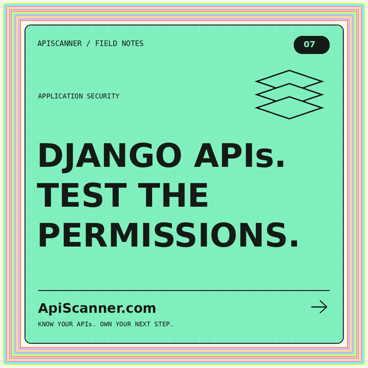 ApiScanner.com Application security typography card: DJANGO APIs. TEST THE PERMISSIONS.