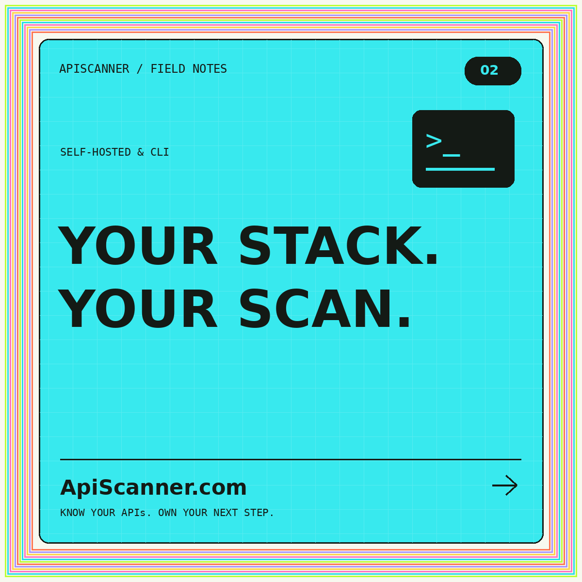 ApiScanner.com Self-hosted & CLI typography card: YOUR STACK. YOUR SCAN.