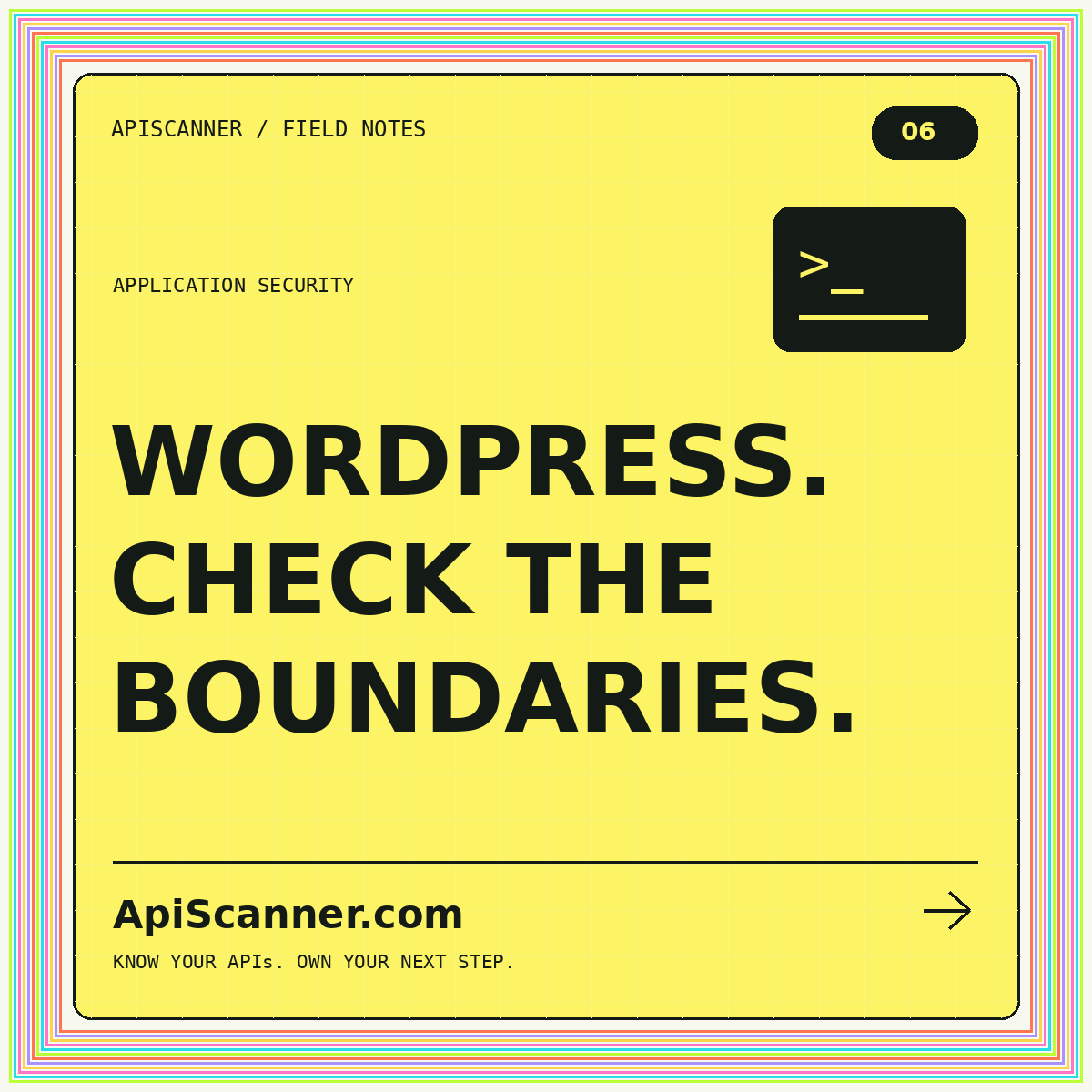 ApiScanner.com Application security typography card: WORDPRESS. CHECK THE BOUNDARIES.